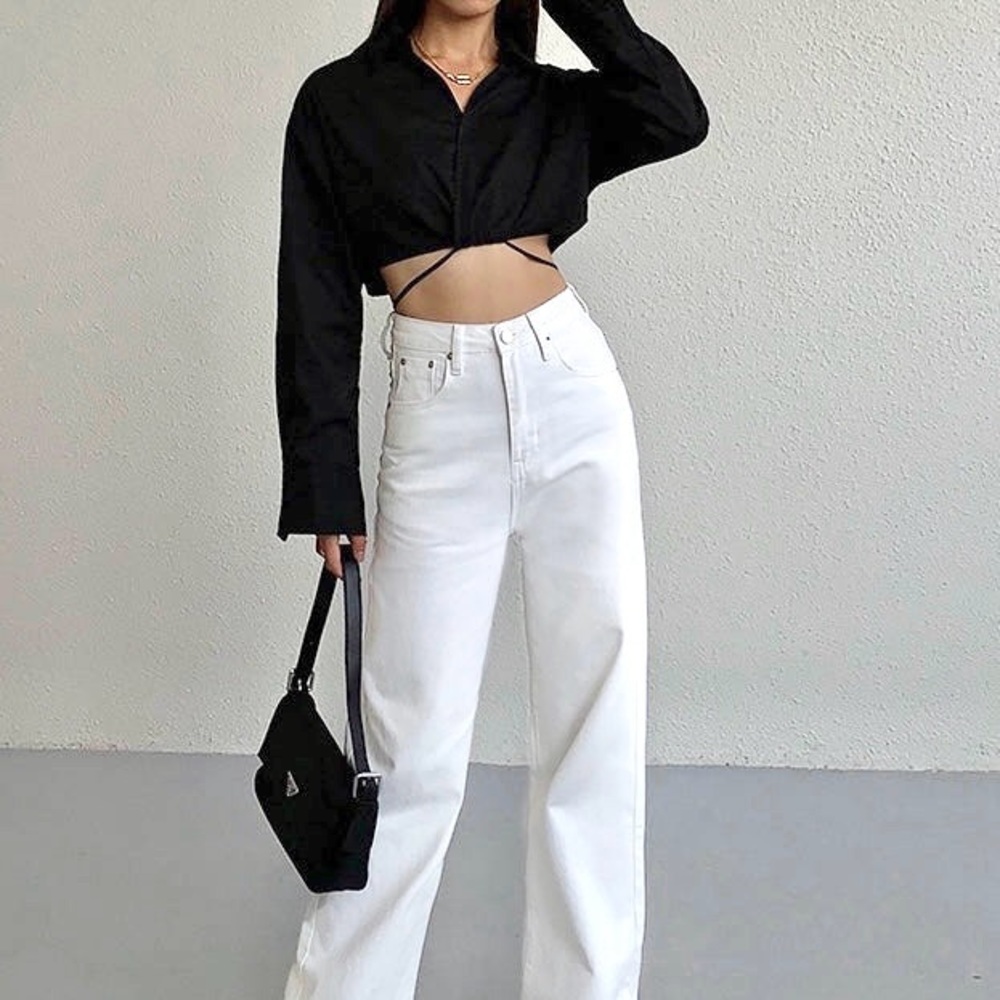 Waist tie cropped shirt